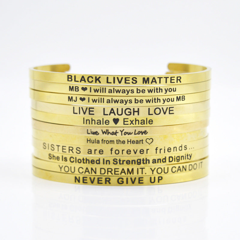 Letras de acero inoxidable de oro de 4 mm al por mayor titanio acero C Shape Breathe Dream Pulsera intrépida